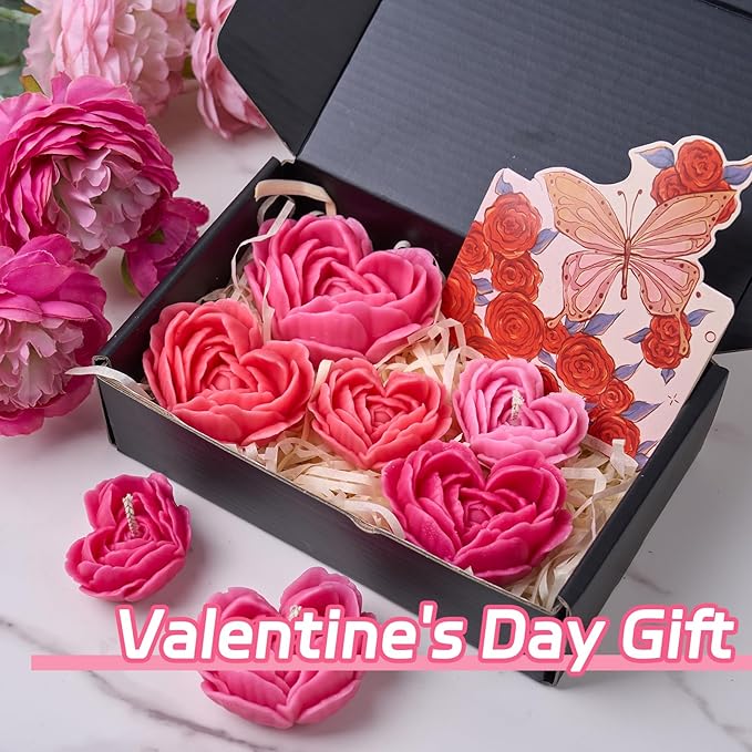 Heart Rose Silicone Molds Heart Candle Making Kit with Candle Wicks 3D Flower Silicone Molds for Candles DIY Handmade Soap Mould for Valentine's Day Gift