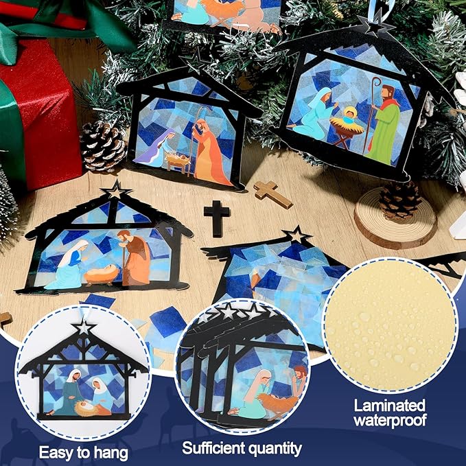 Qyeahkj 36 Set Christmas Nativity Suncatchers Crafts for DIY Nativity Scene Window Tissue Paper Craft Kit Hanging Decor for Xmas Holiday Home Activity Art Project Birthday Party Favor Gift