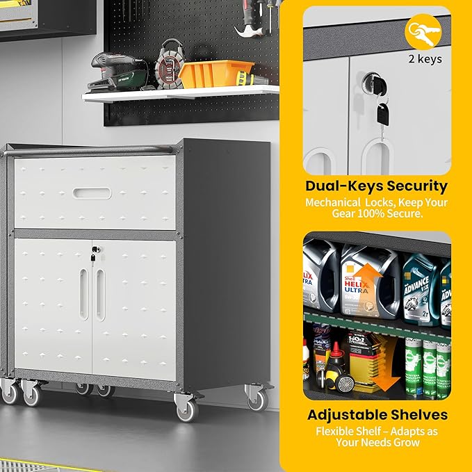 Garage Storage Cabinets with Wheels, Locking Metal Storage Cabinets with 2 Doors and 1 Drawer, Easy Assembly Tool Cabinet for Garage, Basement,Warehouse