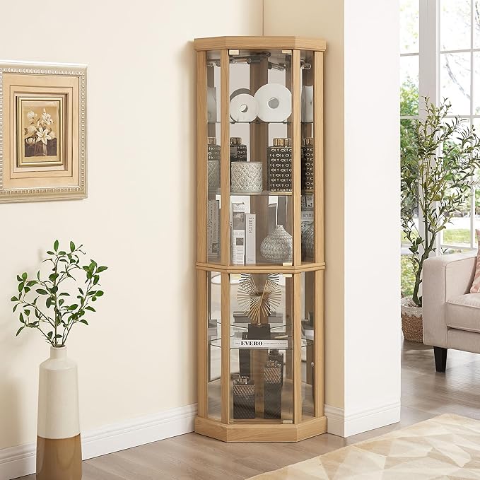 69" H Lighted Curio Cabinet Corner Display Case,Corner Glass Cabinets with Tempered Glass Door and Adjustable Shelves,Wooden Curio Cabinet with Mirrored Back Pane (Style 1 - Light Oak)