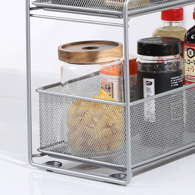 2 Tier Sliding Basket Stackable Cabinet Pull-Out Drawer Mesh Organizer for Kitchen Under Sink Storage (Silver)