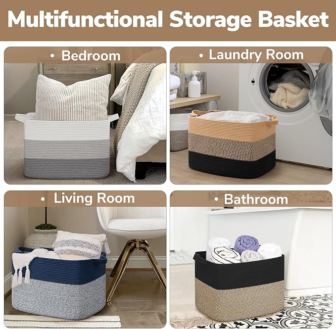 Goodpick Large Woven Basket 18" x 14" x 12" Cotton Rope Storage Baskets for Organizing, Rectangle Wicker Laundry Basket with Handles, Toy Baskets for Kids, Black & Jute