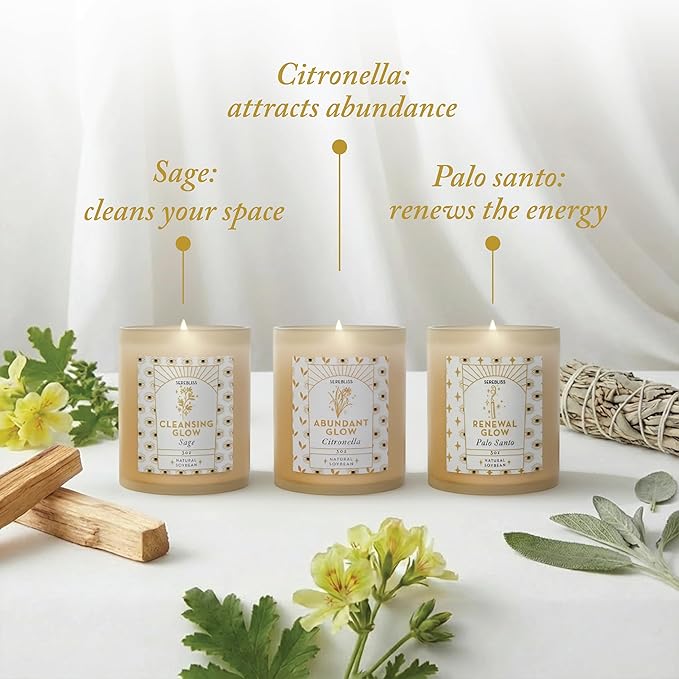 Candle Set - 3 Pack Soy Wax Aromatherapy Scented Candles for Energy Cleansing, Manifestation, Palo Santo, Sage, Citronella, Long Lasting, Gift for Women, for her, Smudge Kit