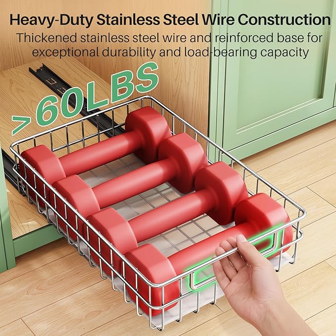 Stainless Steel Pull Out Cabinet Organizer(11.8"W x 16.5"D x 4.7"H)-1 Pack, Minimalist Design Frame, Full-Extension Slide Rails, Easy Installation for Pantry Organizers or Kitchen Cabinet Organizer