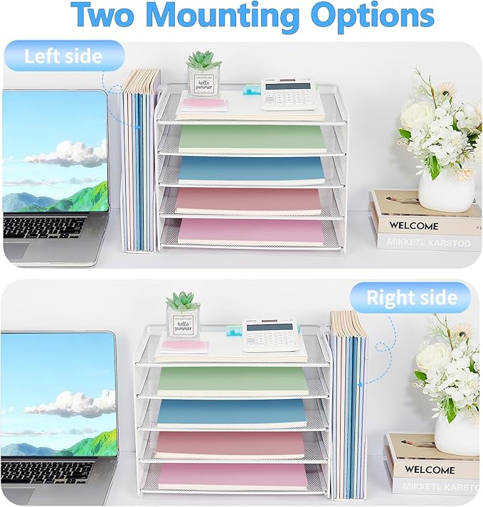 OPNICE Desk Organizer, 5-Tier Paper Organizer Letter Tray with Magazine Holder, Office Desk Accessories & Workspace Organizers, Desktop File Organizer for Office Supplies Storage, White