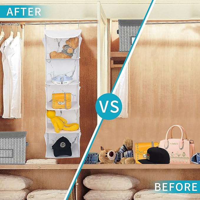 BrilliantJo 5 Shelves Hanging Closet Organizer, 2 Pack Hanging Storage with 6 Side Pockets for Clothes Shoes, 43"x12"x12"(Marblizing)