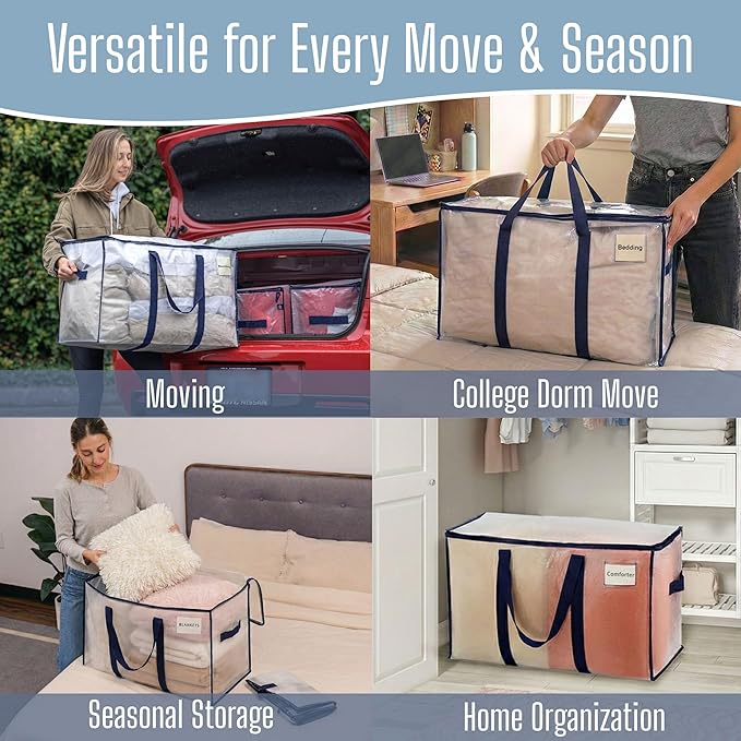 VENO 2 Pack Heavy Duty Moving Bags, Extra Large Storage Bags with Reinforced Handles & Strong Zippers, Foldable & Reusable Moving Box Alternative for Clothes & Dorm Storage
