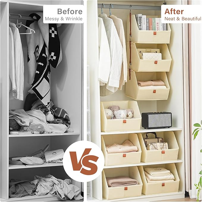 4 Tier Hanging Closet Organizer,Disassemblable Clothes Hanging Shelves,Fabric Closet Organizer System for Space-Saving,Foldable Storage Basket for Bedroom, Rv (1 Pack,Beige)