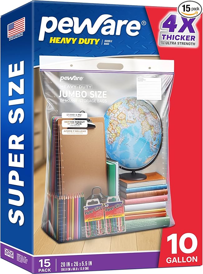 10 Gallon Heavy Duty Large Storage Bags with Handle – 20" x 26" Resealable Zipper Top, Oversized Storage Solution for Clothes, Food, Pillow, Bedding, Household, BPA-Free, Pack of 15, 6 Mil Thick