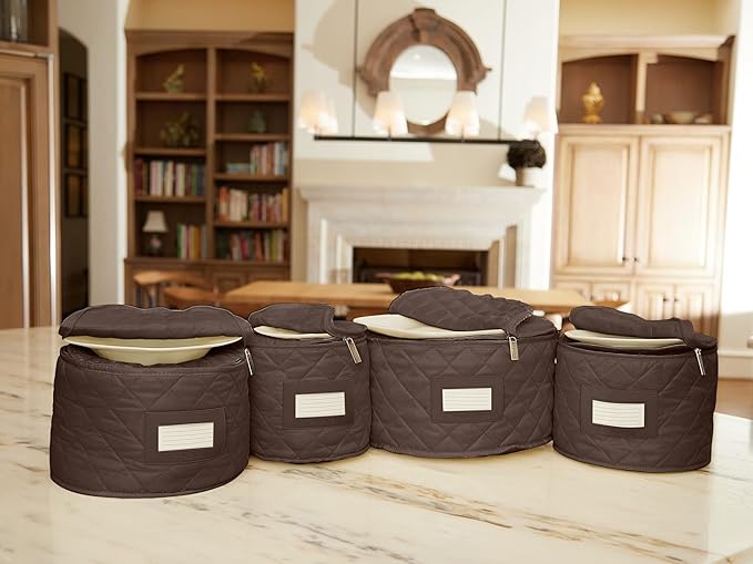 Covermates Keepsakes Dish Storage Set – Padded China & Dinnerware Storage Cases with Dividers, Cup & Stemware Storage, Quilted Polyester Protection, ID Window, Bronze