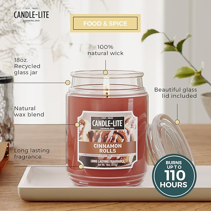 Candle-lite Fall Scented Candles, Cinnamon Rolls, 18 oz Jar, Proudly Poured in The USA, Aromatherapy Candle, Single-Wick with 110 Hours of Burn Time, Perfect for Creating an Inviting Ambiance