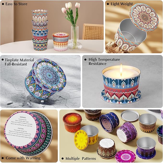 Happyhube Empty Candle Tins for Making Candles, 24 Pack 2.5 oz Metal Containers, Travel-Friendly Rust-Proof Tins with Lids, 24 Patterns Jars(Colourful)