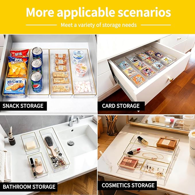 6 Pack Large Size Clear Stackable Drawer Organizer Trays, Gold Rim Makeup Drawer Storage Tray Divider, Desk Storage for Makeup, Jewelry, Bathroom, Stationary, Kitchen Utensils and Office Desk