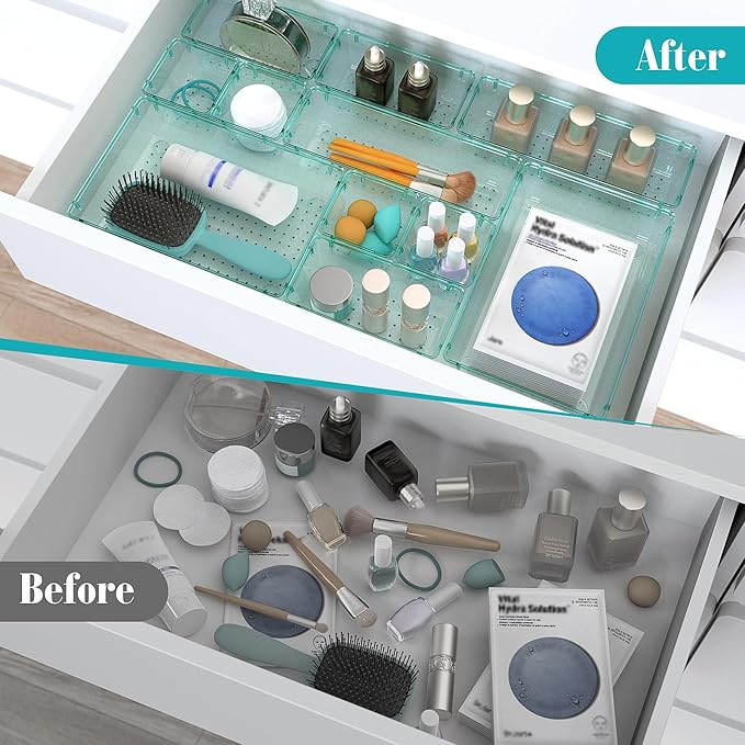 StorMiracle 23 PCS Clear Plastic Drawer Organizers Set, 4 Size Desk Drawer Organizer Trays for Makeup, Jewelry, Kitchen Utensils, Gadgets and Office Accessories, Sea Blue
