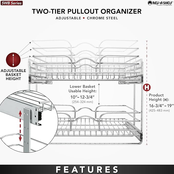 Rev-A-Shelf 2 Tier Kitchen Cabinet Pullout Shelf and Drawer Organizer Slide Out Pantry Storage Basket in Multiple Sizes, 21 x 22 In, 5WB2-2122CR-1