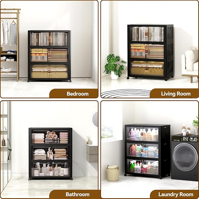 SAILUN 321QT/80Gal Stackable Storage Bins with a Lid, Collapsible Storage Bins With Doors, Folding Cabinet for Home Closet Organization,3 Pack-26 W x 16.5" D x 43.3" H Black