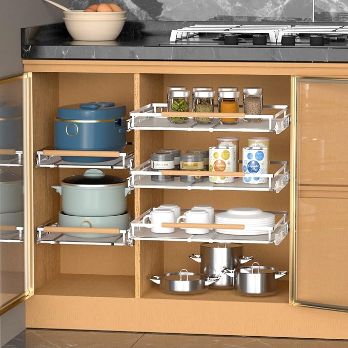 Pull Out Drawer Cabinet Organizer, Expandable Slide Out Storage Shelves - Heavy Duty, Durable and Smooth Slide-Out (1, 2Pack - W:16.3"~26.3", D: 17.2")