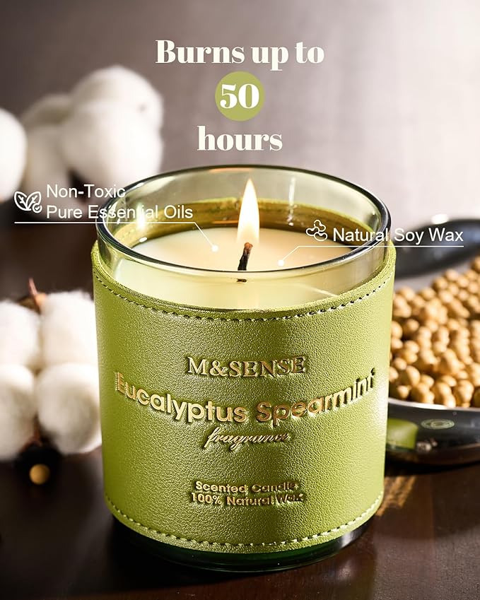 M&SENSE Eucalyptus Mint Vegan Soy Candles, 10oz 42-Hour Long Burning, Winter Home Fragrance for Stress Relief Calming Meditation, Thanksgiving Christmas Gift for Women and Men
