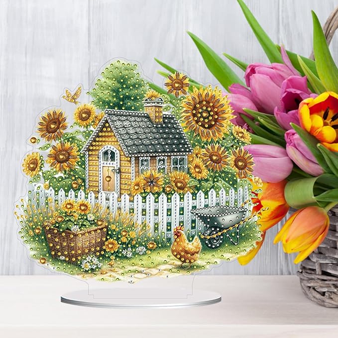 ARTopet DIY Diamond Desktop Ornament PET Irregular Shape Special Shaped Crystal Double Sided Pattern Single Sided Diamond Art Painting Tabletop Home Ornaments Decor (Sunflower House)