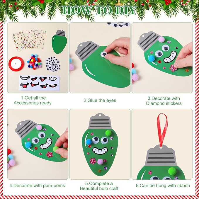 Funrous 48 Sets Christmas Crafts Kit Colorful Lights Bulbs Expression Paper Crafts DIY Xmas Tree Hanging Ornaments Decorations with Pompoms Diamond Stickers Eyes Arts Classroom Activities Party Favor