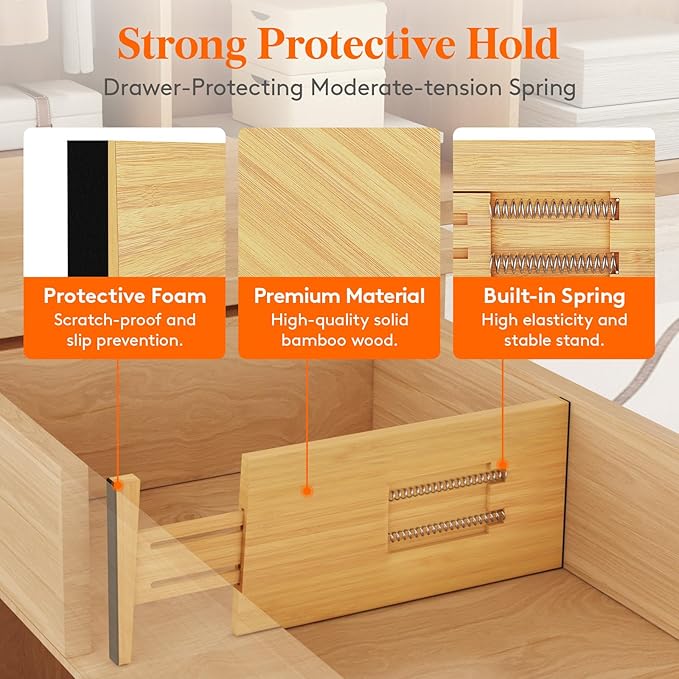 Lifewit 6" High 8 Pack Bamboo Drawer Dividers 33-42cm/13-16.5" Adjustable Wooden Drawer Organizer for Clothes/Utensils, Expandable Drawer Separator for Dresser/Kitchen/Bedroom/Office Organization