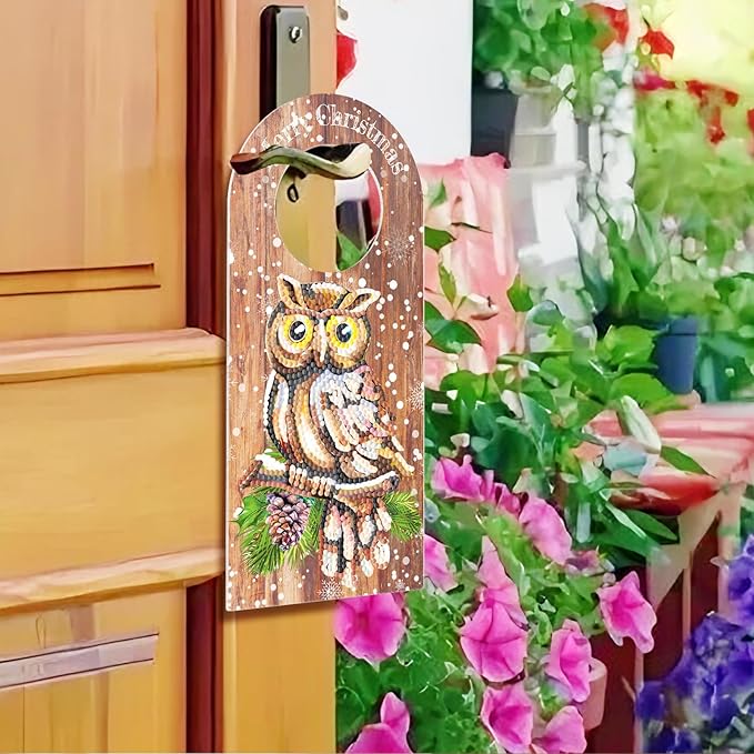 Owl Diamond Art Painting Christmas Door Knob Hanger Signs DIY Kits 5D Diamond Art Wood Christmas Door Handle Hanging Ornaments Special Shaped Rhinestones Paint by Number Stitch Room Front Door Decor
