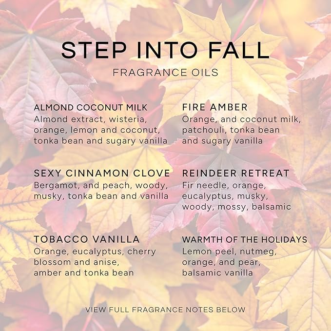Eternal Essence Oils Step Into Fall Set of 6 Premium Fragrance Oils - Almond Coconut Milk, Fire Amber, Sexy Cinnamon Clove, Reindeer Retreat, Tabacco Vanilla, and Warmths of the Holidays - 10ML