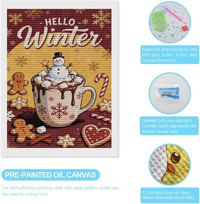 Diamond Painting Kits for Adults - Hello Winter Ice Cream & Gingerbread Snowflakes & Candles Painting DIY 5D Full Drill Diamond Dots Paintings with Diamonds Gem Art And Crafts Home Decor 12"x16"