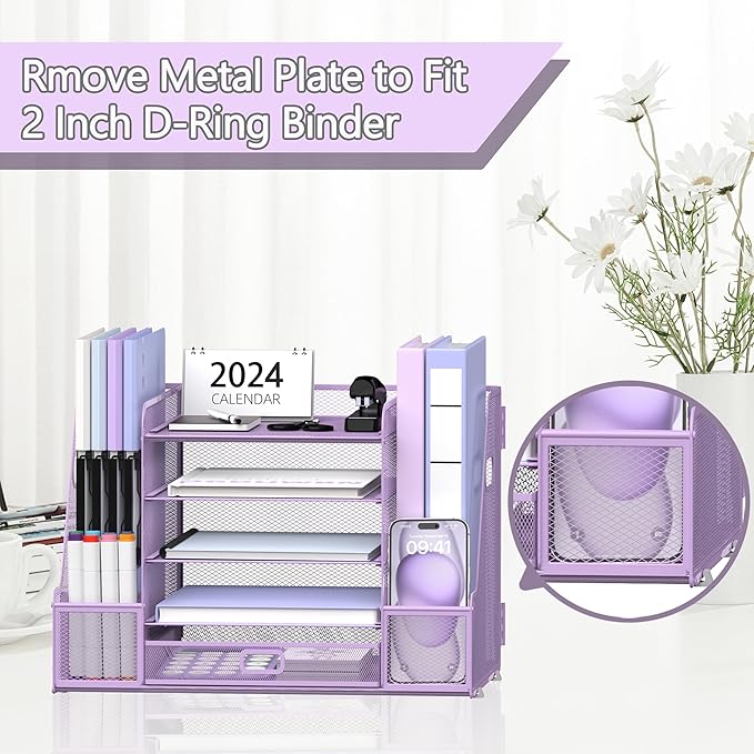 SUPEASY Mesh Desk Organizer with File Holder, 5-Tier Paper Letter Tray Organizer with Magazine Holder, Desktop Organizer and Storage with Drawer for Office Supplies Home or School (Purple)