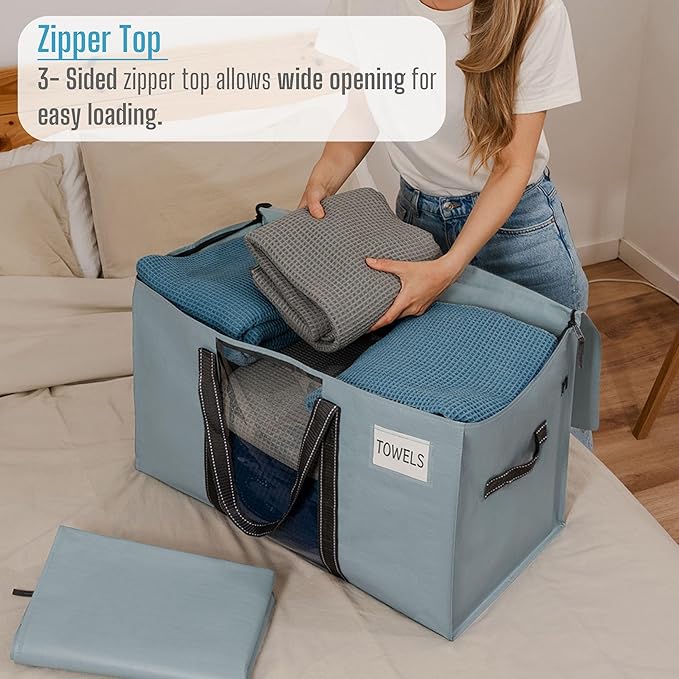 VENO 2 Pack Moving Bags with Clear Window, Heavy Duty Storage Bins with Lid, Around Handles, Tag, Zippers, Extra Large Totes Packing Moving Boxes Supplies for College Dorm Clothes (Light Blue)