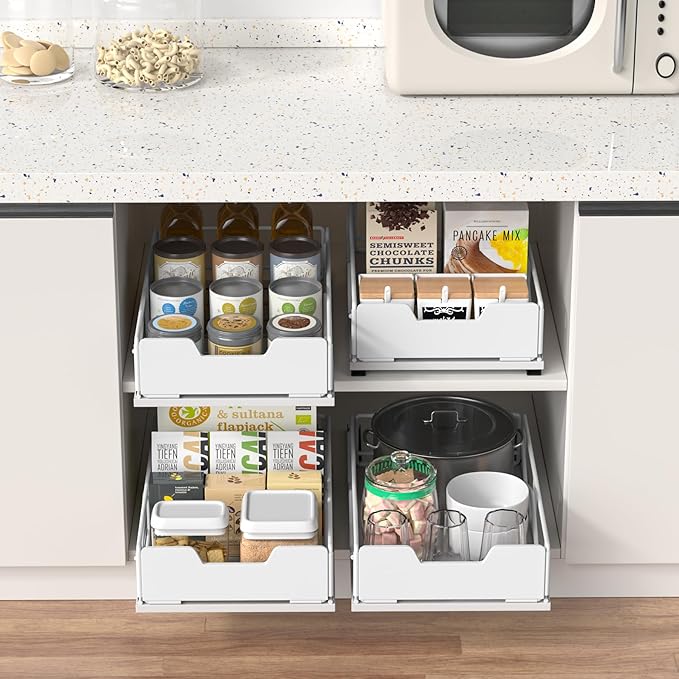 ZOINLIY Pull Out Cabinet Organizer, Pantry Slide Out Drawer Organizer with Adhesive Strips, Heavy Duty Under Sink Organizer, Storage and Organization for Kitchen, Bathroom, 15.7" D x 9.8" W x 4" H