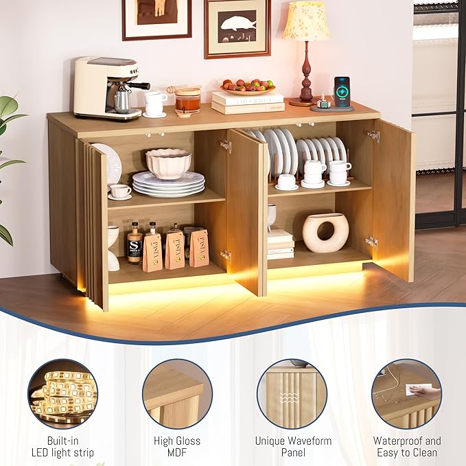 63'' Buffet Cabinet with Storage, Coffee Bar with 4 Doors & 2 Adjustable Shelves, Modern Sideboard Table with 3 Color LED Light for Kitchen (Wood)