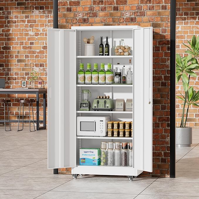 Greenvelly 73" Metal Storage Cabinet with Wheel, Lockable White Metal Garage Cabinets with 2 Doors and 4 Adjustable Shelves, Rolling Steel Tool Cabinet for Garage, Home Office, School