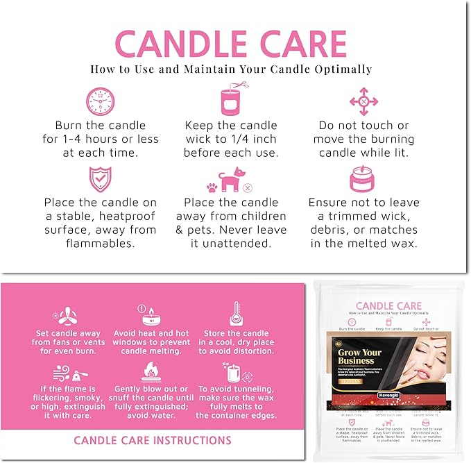 200 pack - Premium Handmade Candle Care Instruction Cards Pink 2x3.5 in, Small Business | Soy Bees Wax Melt, Candle Makers, Making Supplies Kit Set, Containers, Jars, Pot, Package
