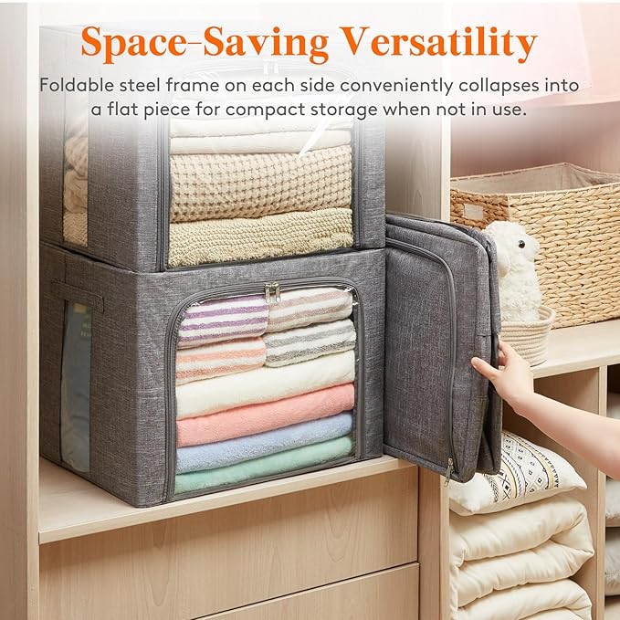 Lifewit Clothes Storage Bins with Metal Frame, Stackable Storage Box, Foldable Clothing Storage Bins with Lids, 75L Storage Bags Fabric Box Organizer with Clear Window＆ Zippers＆ Sturdy Handles 4 Pack