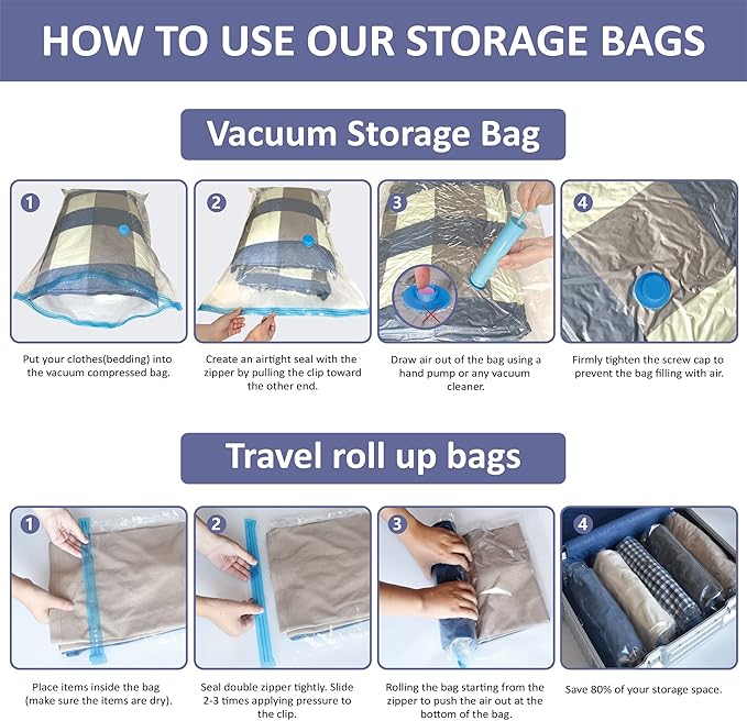 Cozy Essential Vacuum Storage Bags, 80% Compression Vacuum Seal Space Saver Plastic Packaging Bags for Clothes, Blankets, Pillow, Bedding, Comforters, Sealer Clothing Storage,25 Combo