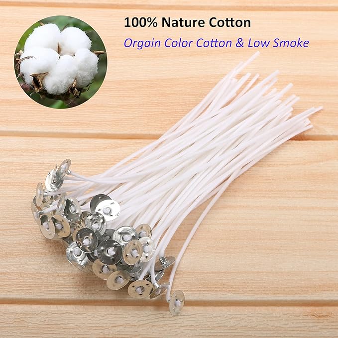 MILIVIXAY 6" Candle Wick Bundle: 100PCS Candle Wicks, 100PCS Candle Wick Stickers and 6PCS Wooden Candle Wick Holders - Wicks Coated with Paraffin Wax, Cotton Wicks Kits for Candle Making.