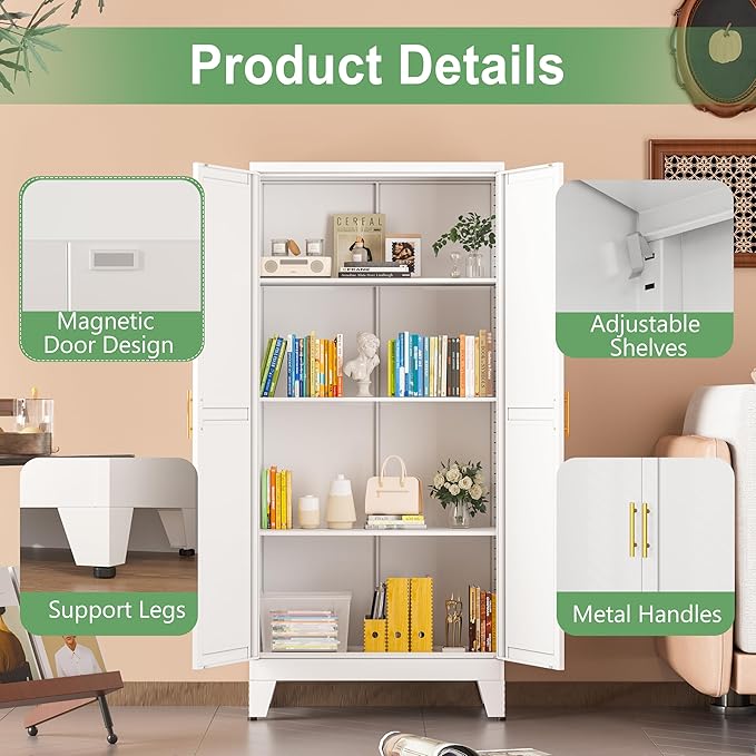 Ckzbx White Metal Cabinets with Doors and Shelves,47.25" H Storage Cabinet White Pantry Cabinet Garage Cabinets for Kitchen,Living Room,Dinning Room