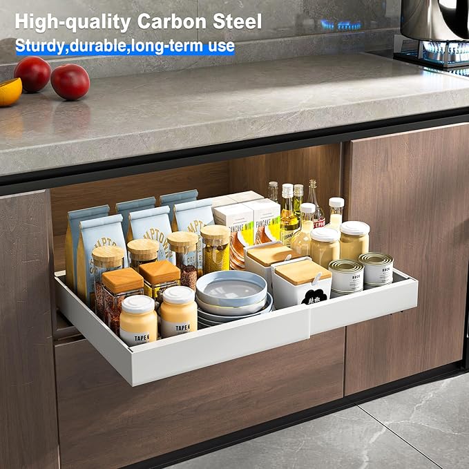 2 Pack Pull Out Cabinet Organizer, Expandable Slide Out Drawers for Kitchen Cabinets Peel and Stick Pullout Drawer Heavy Duty Sliding Shelves for Cupboard, Pantry, Bathroom(16.5" Deep, White)