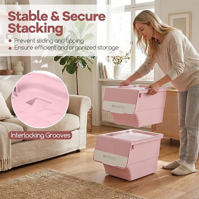 Giantex Plastic Stackable Storage Bins with Lids & Wheels, 3 Pack Open Front Stacking Bins, Organizer Bins for Pantry, Kitchen, Laundry, Closet, Playroom, Bedroom Organization (12.5 QT)