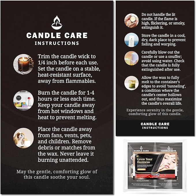 100 pack - Premium Handmade Candle Care Instruction Cards Black 2x3.5 in, Small Business | Soy Bees Wax Melt, Candle Makers, Making Supplies Kit Set, Containers, Jars, Pot, Package