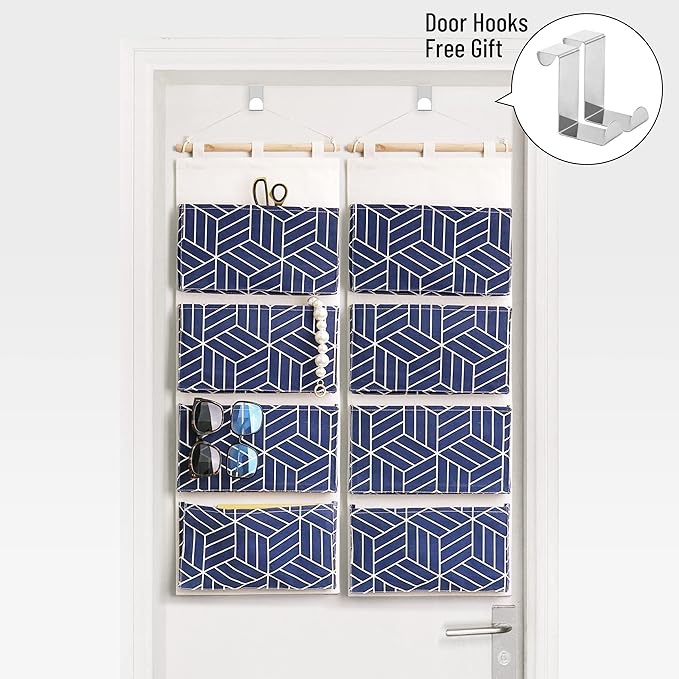 CROWNED 2Pcs Over Door Hanging Storage Bags Wall Mount Closet Organizer, 4 Big Pockets Linen Cotton Fabric Multi Functional Living Room Bedroom Bathroom File Magazine Waterproof Free Hooks Navy