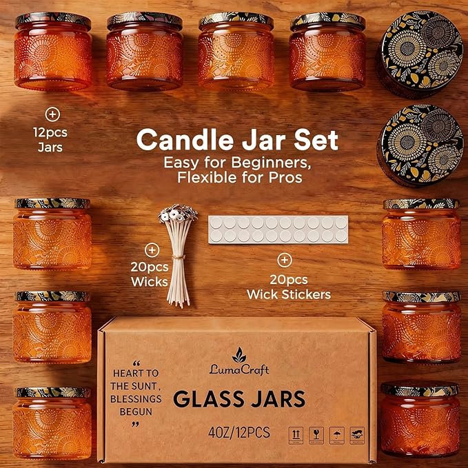 LumaCraft Luxury Embossed Glass Candle Jars for Making Candles - 12 Pack Empty Candle Containers with Airtight Metal Lids, 20 Wicks & 20 Stickers, Colored Glass Jars for Gifts & Decor-4OZ