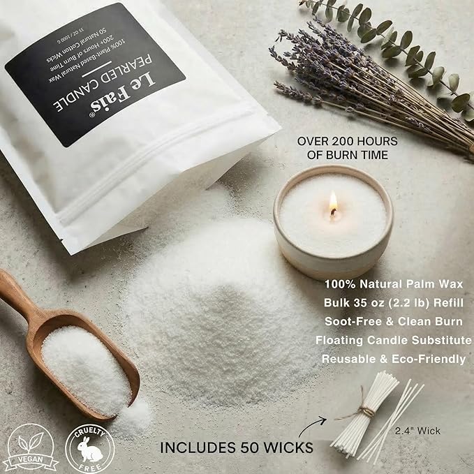 Pearled Candle 2.2Lb/35Oz, Luxury Plant-Based Sand Candle Granulated Wax with 50 Cotton Wicks, Refillable Non-Toxic Vegan, Long-Lasting 200 Hours Clean Burn for Candle Making