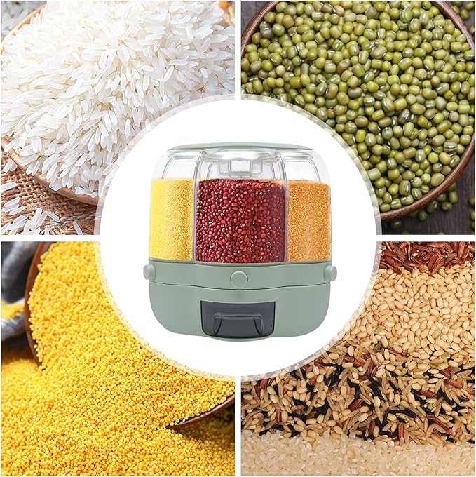 6 Grid Grain Storage Container 17.63Lbs Food Dispenser 360° Rotating Dry Grain and Rice Cereal Dispenser with Lid Rices Dispenser Rotating for Store Rice, Red Beans, Yellow Beans