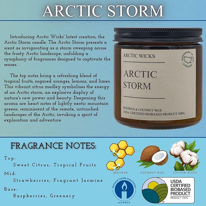 Arctic Wicks Handcrafted Candles | Non Toxic Coconut Beeswax Candles 16oz Double Wick | 100% USDA Certified Biobased, Handmade, Premium Waxes, Non-Toxic (Arctic Storm, 16oz Amber Jar)