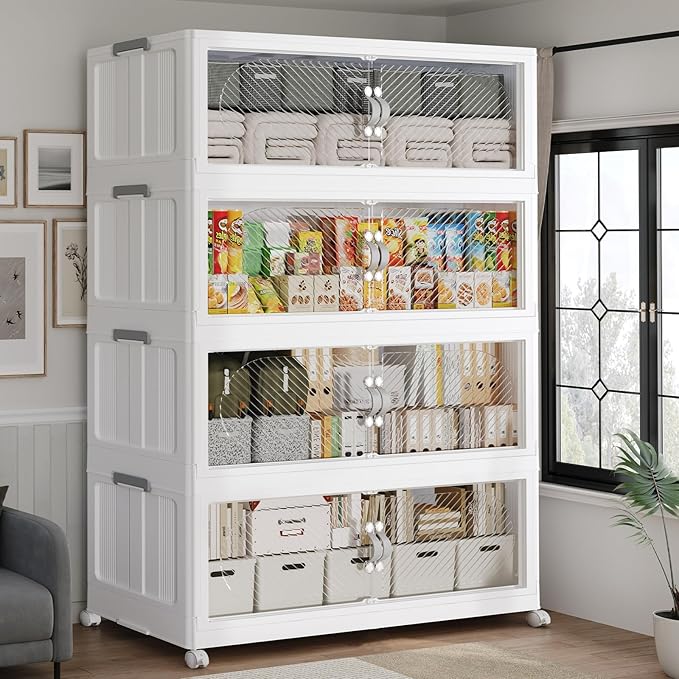 160GAL Plastic Storage Bins with Lid, 640QT Extra Large Stackable Closet Organizers and Storage, Collapsible Storage Boxes with Wheels, Folding Cabinet for Home Kitchen Office, 4Pack White