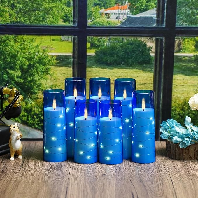 Sasigeiaa Flameless Candles with Embedded Star String - Battery Operated LED Candles, with Remote,12 Blue Flickering Candles for Christmas, Weddings, Home Decor & Party,(D 2.3"×H 5" 6" 7")