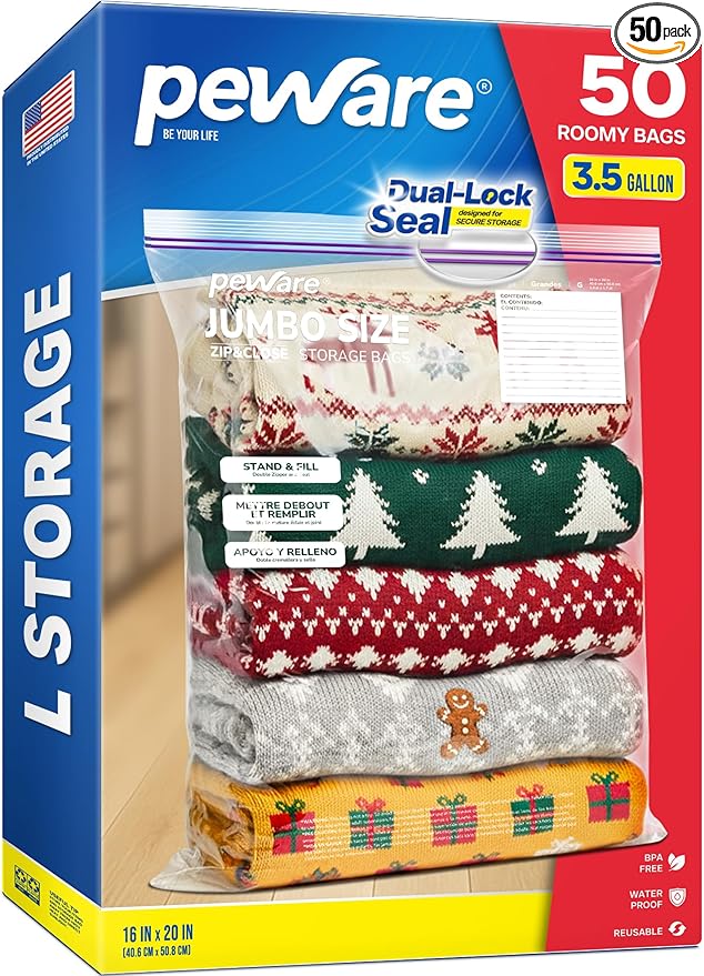 Large Storage Bags, 16"x20" Jumbo Plastic Bag, BPA Free, 3.5 Gallon XL Zipper Lock Baggies for Clothes Pillow Travel Moving - 50 Roomy Bags
