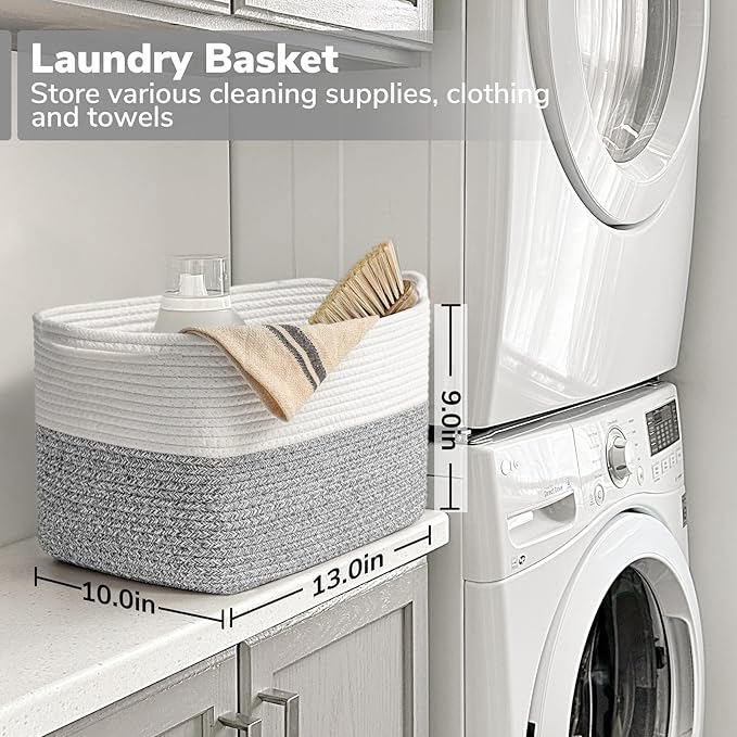 Goodpick Woven Storage Basket, Cotton Rope Baskets for Organizing, Closet Storage Bins with Handles, Small Laundry Basket for Clothes, Towels and Shoes, 13''x10''x9'', Gray and White